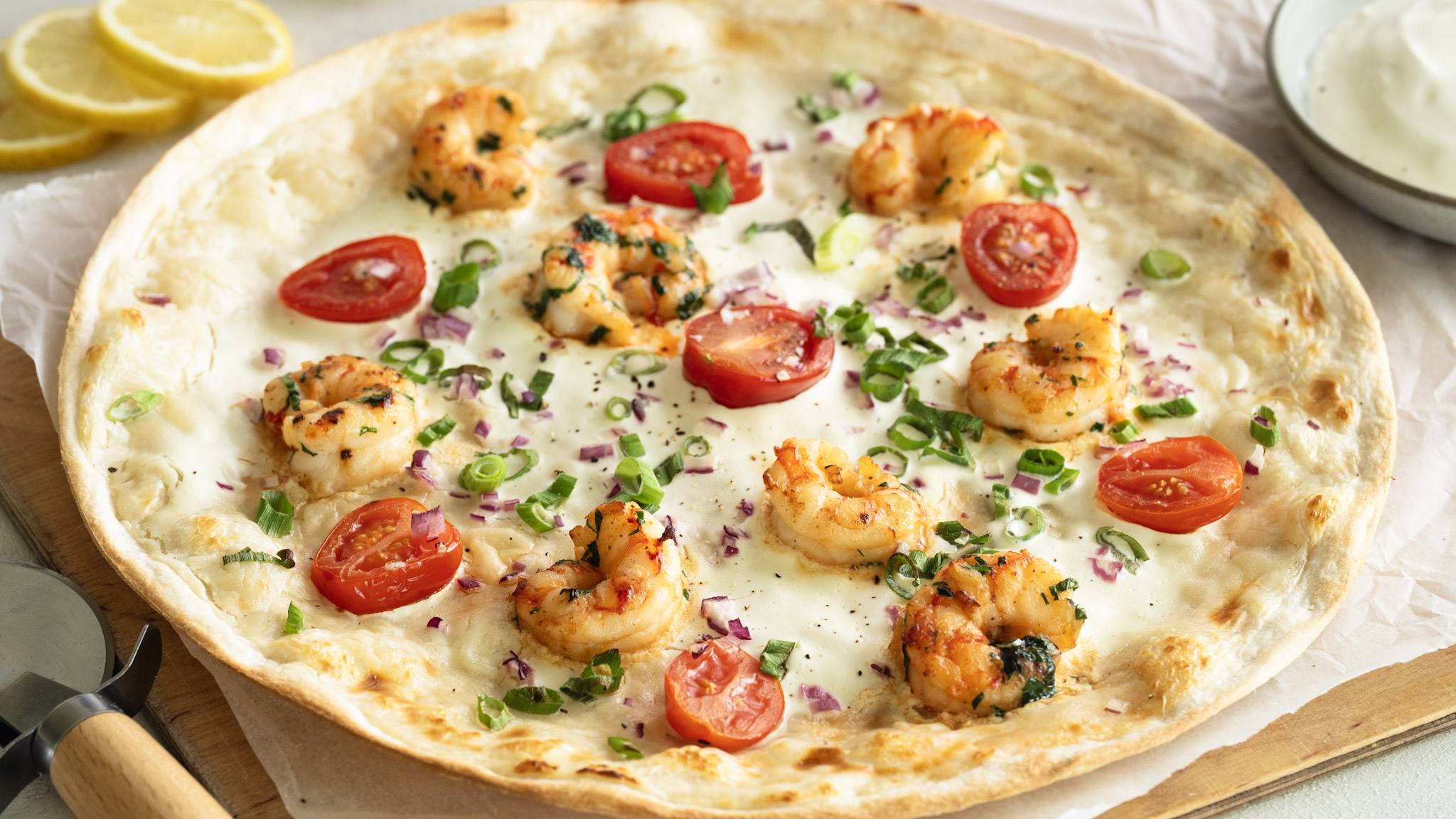 Flammkuchen mit Garnelen